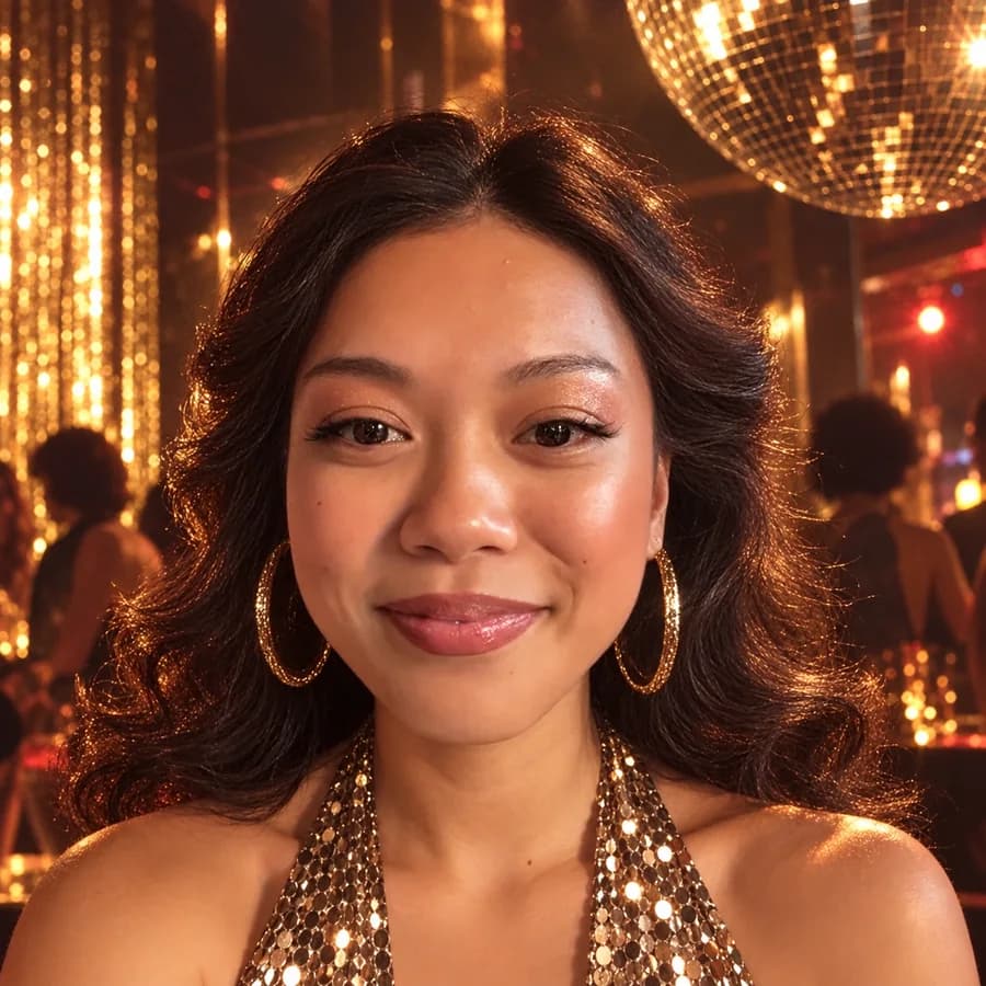 The same guest transformed into a Studio 54 Look study